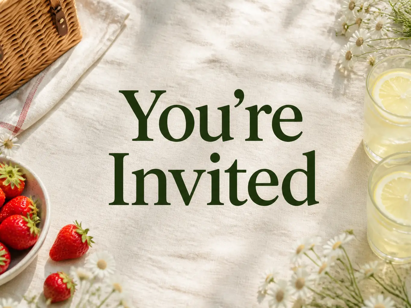 Foto de piquenique com “You’re Invited” adicionado entre morangos, limonada e uma cesta de vime.