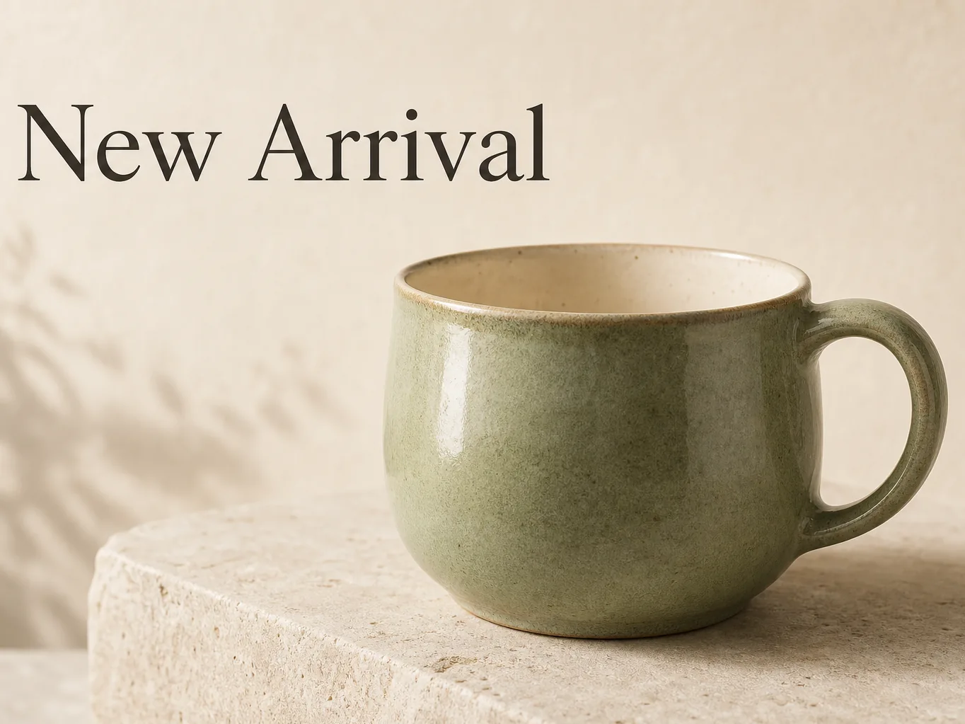 Foto de uma caneca de cerâmica artesanal com o texto “New Arrival” sobreposto acima do produto.