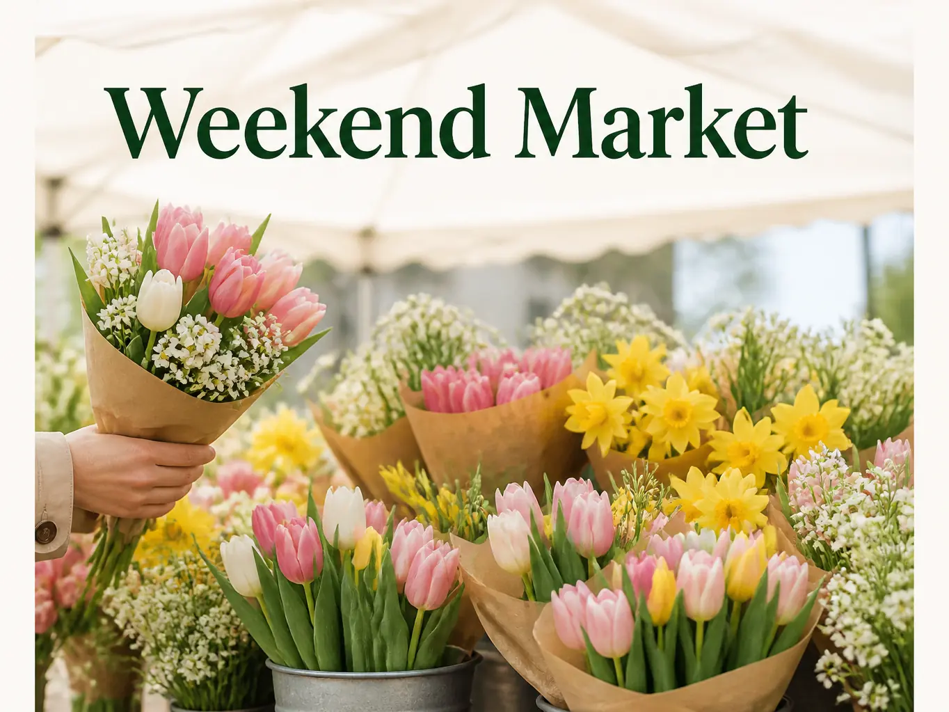 Foto de uma feira de flores com o título “Weekend Market” para uma publicação em redes sociais.