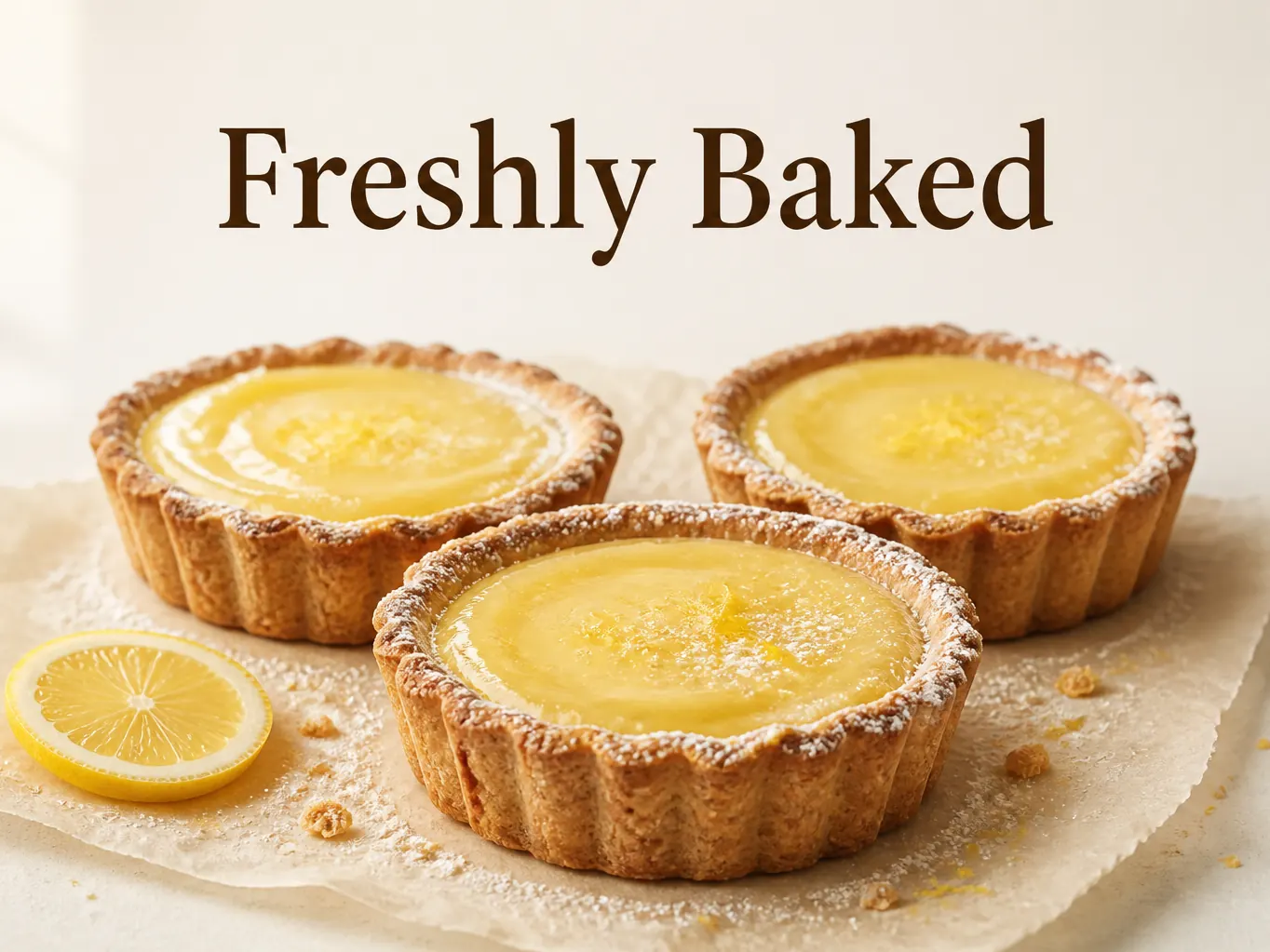 Foto de tortinhas de limão com a legenda “Freshly Baked” adicionada acima dos doces.
