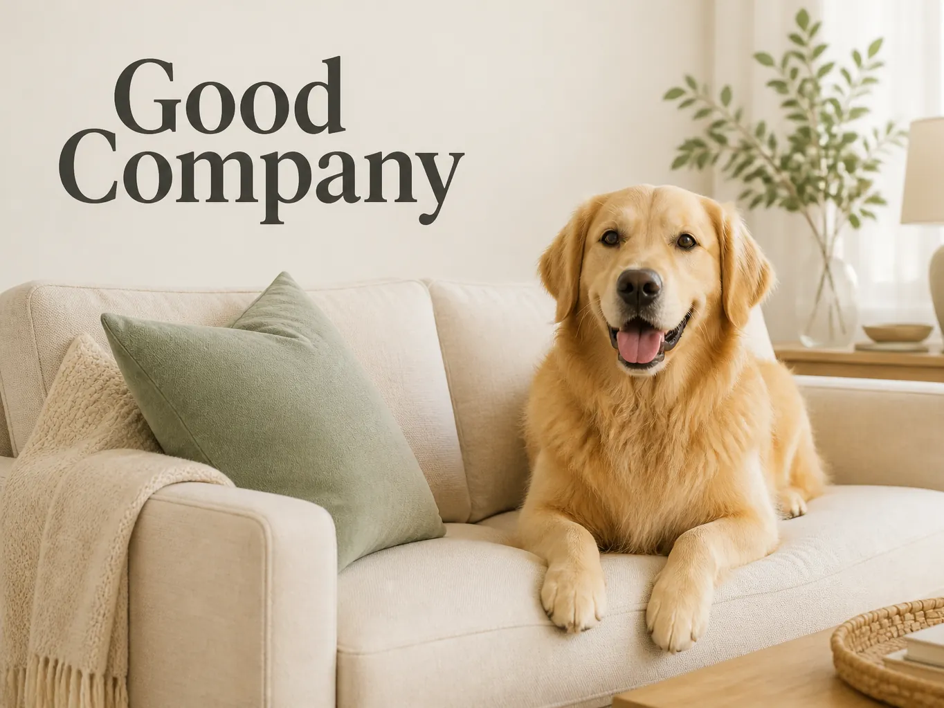 Texto “Good Company” adicionado ao lado de um golden retriever, sem cobrir o cachorro na foto.