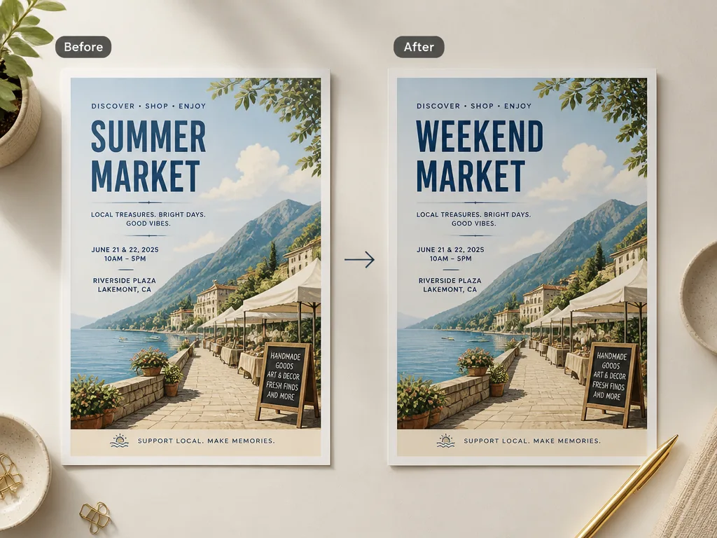 Before and after comparison showing text changed inside the same travel poster image.