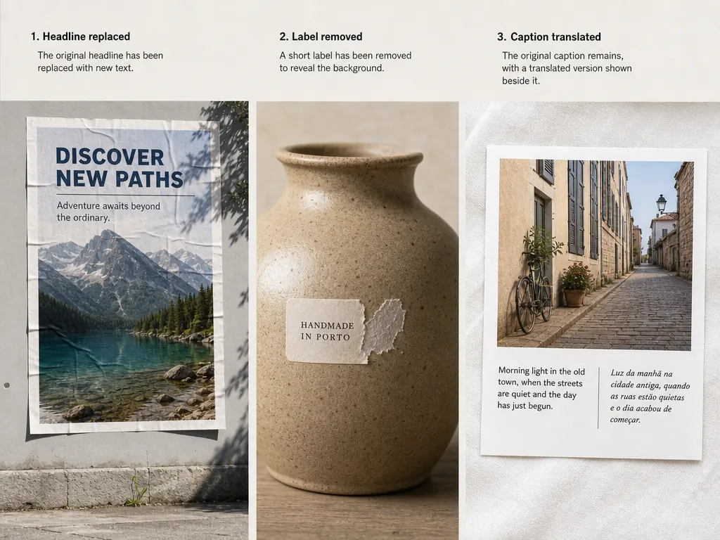 Printed image examples showing a headline replacement, a removed label, and translated caption.