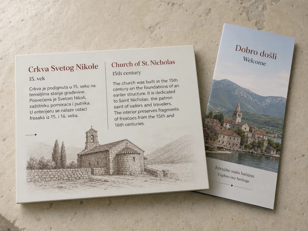 Museum sign and travel brochure showing original foreign text beside an English translation.