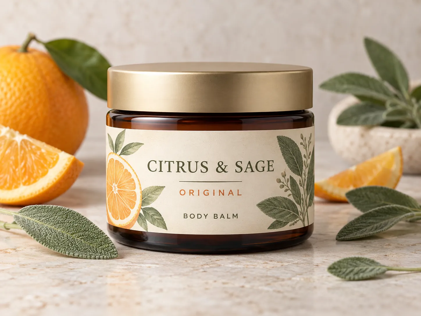 Citrus & Sage body balm jar with oranges and sage leaves