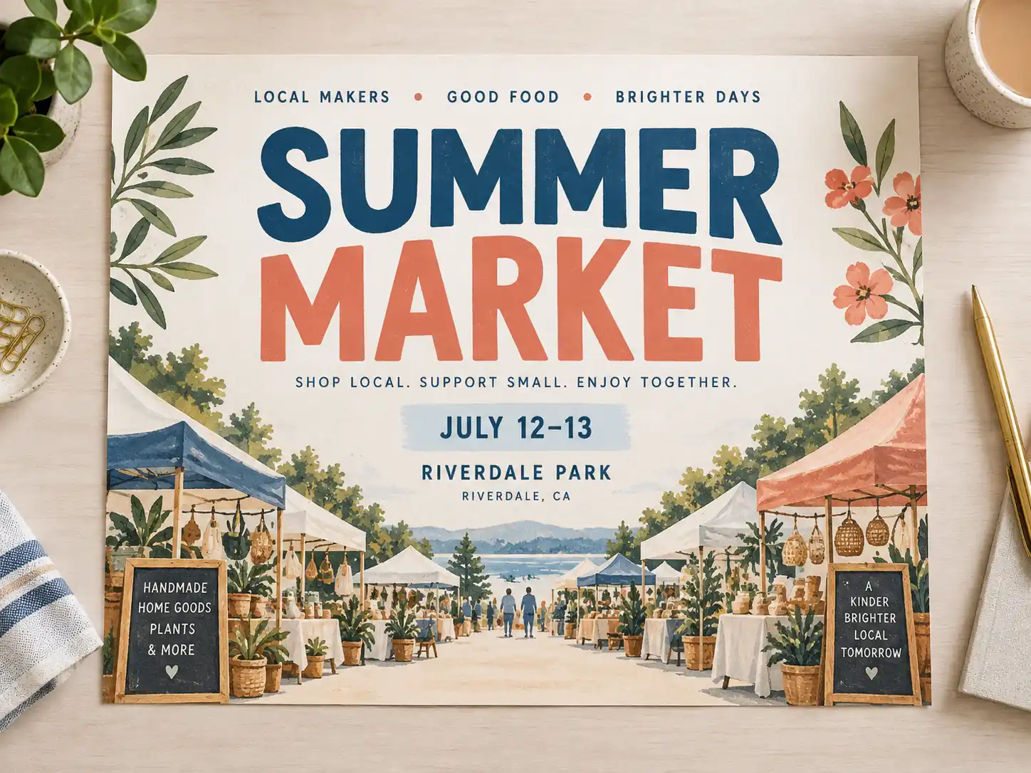 Summer Market poster featuring local makers, food, and event dates
