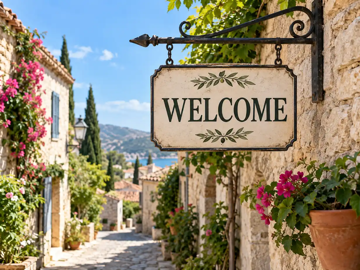 Welcome sign hanging on a stone wall in a flower-filled Mediterranean village