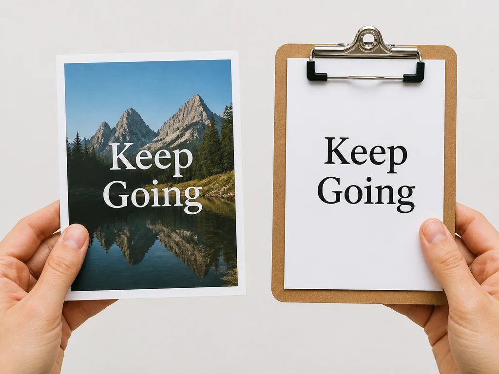 Copy text from image example with a printed photo reading Keep Going held beside a clipboard carrying the same two words.