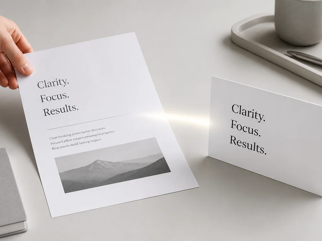Extract text from image example showing a printed page reading Clarity, Focus, Results next to a card with the same three words.