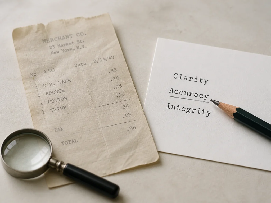 Image to text result card reading Clarity, Accuracy, Integrity with a pencil on the word Accuracy and a faded paper receipt beside it.