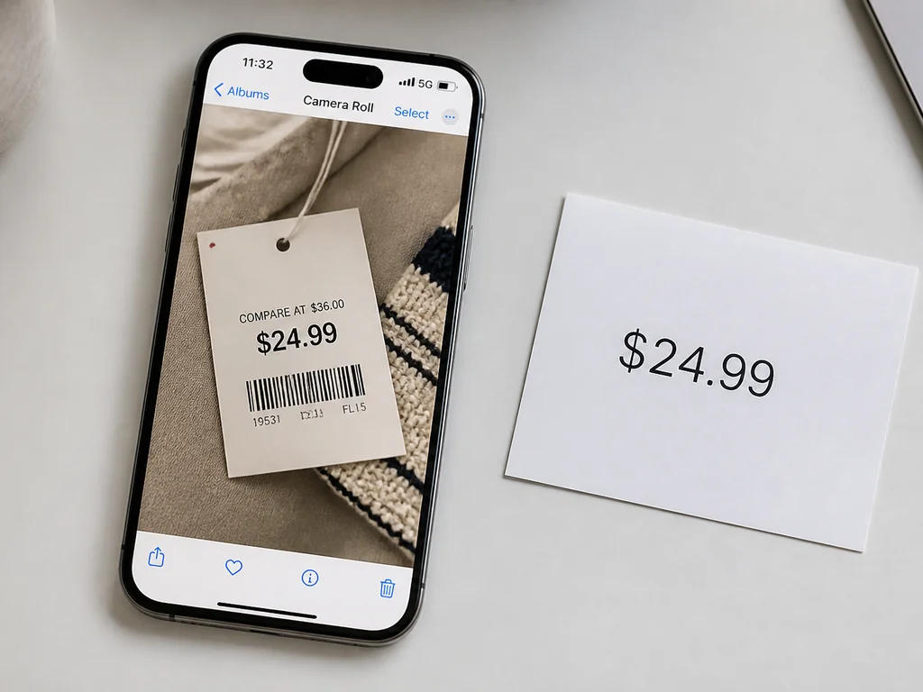 JPG to text example with a phone showing a camera roll photo of a $24.99 price tag and a card printed with the same amount.