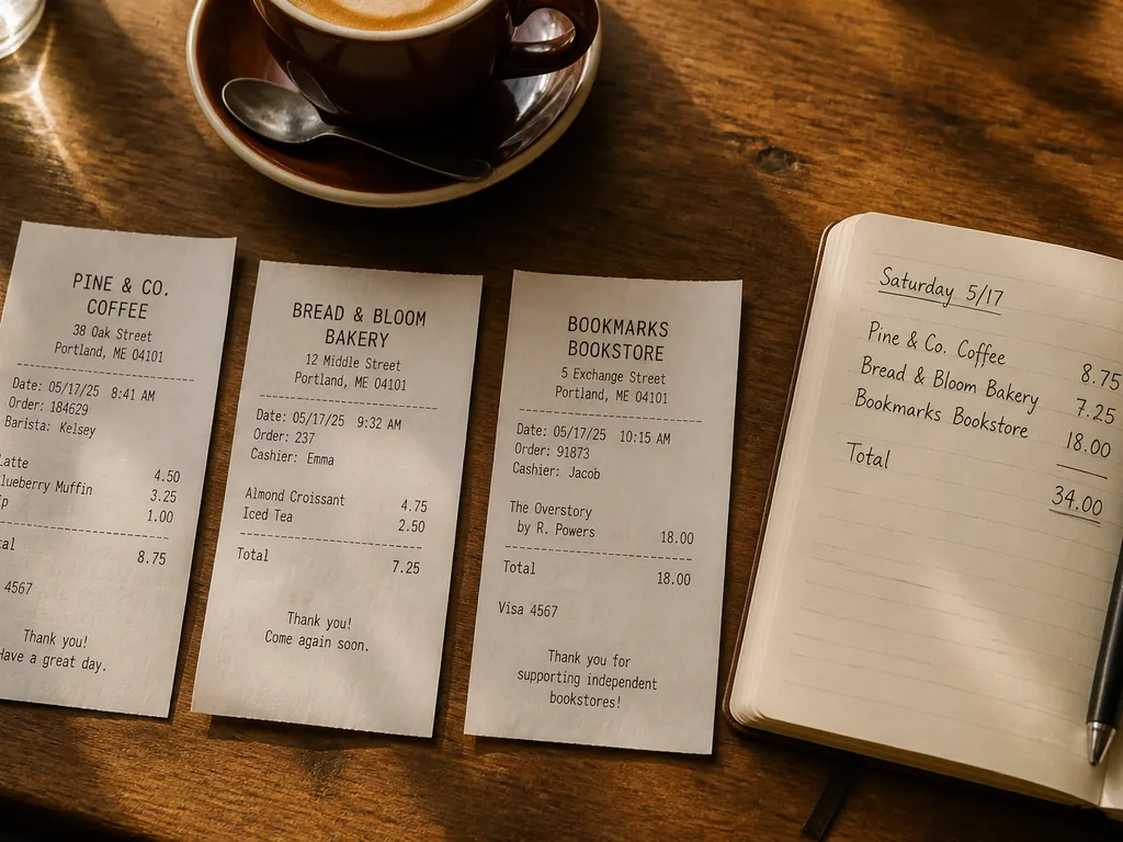 Cafe table with three paper receipts from a coffee shop, bakery, and bookstore, plus a notebook listing the same amounts by hand.