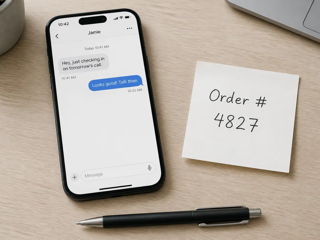 Phone showing a short chat conversation next to a sticky note reading Order number 4827 and a pen on the desk.