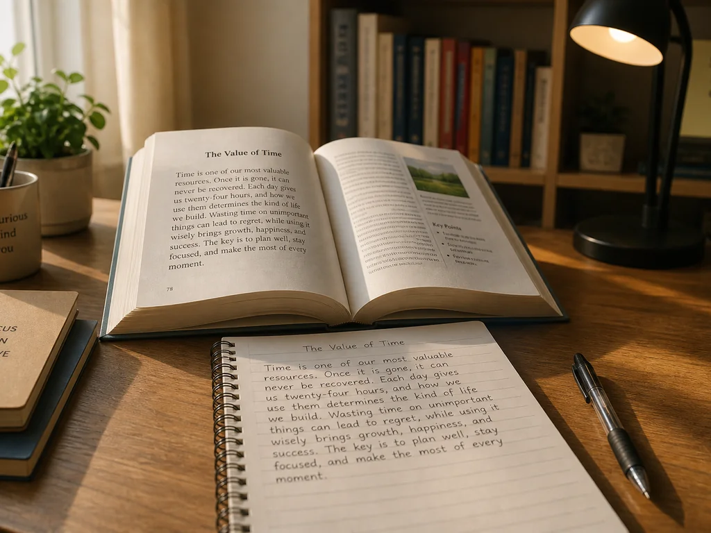 Student desk with an open textbook titled The Value of Time and a notebook holding the same passage written by hand.