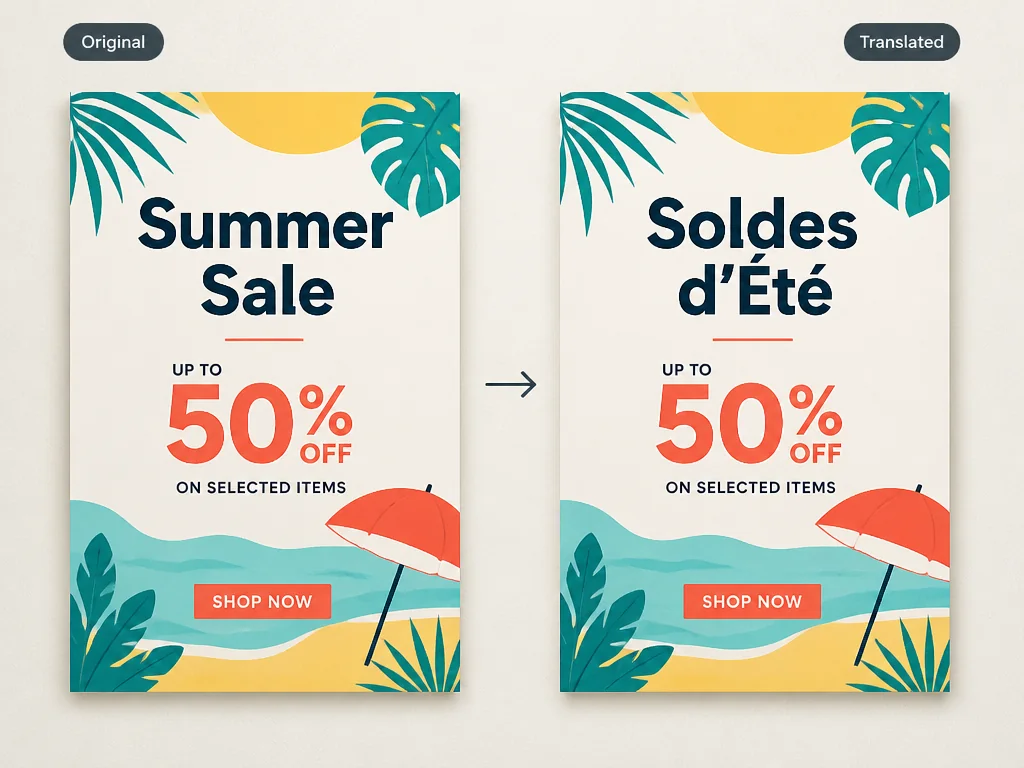 Traductor de imágenes que mantiene el diseño de un cartel de rebajas de verano mientras traduce el titular al francés.