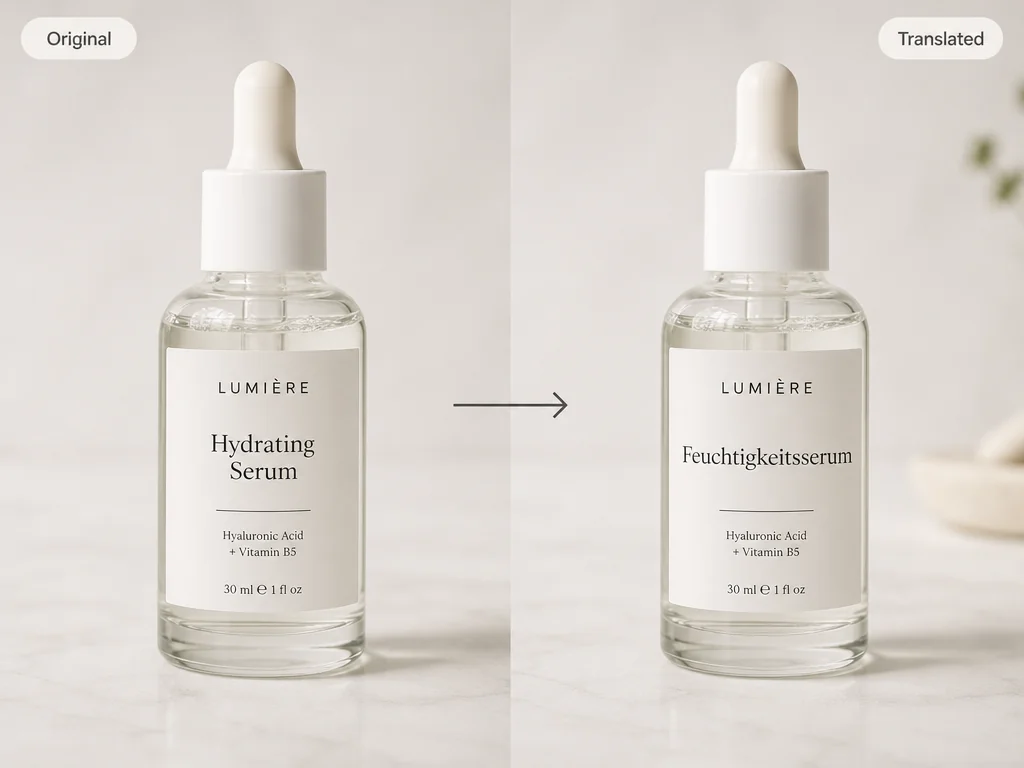 Traductor de imágenes que traduce la etiqueta de un suero para el cuidado de la piel de Hydrating Serum a Feuchtigkeitsserum.