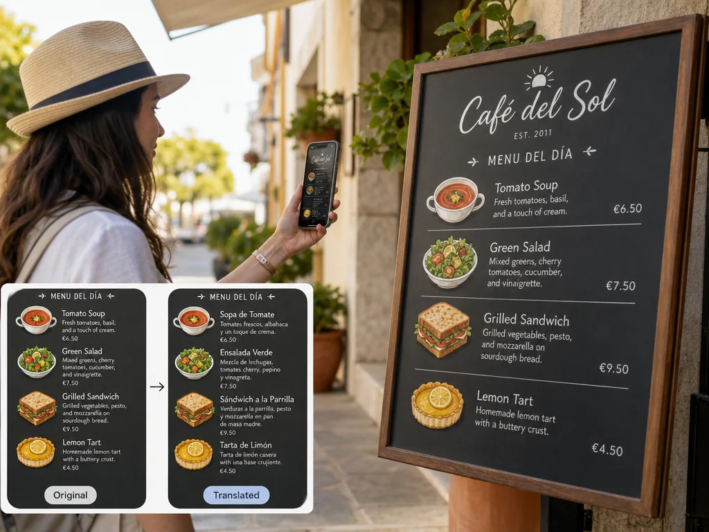 Viajero usando un traductor de imágenes en el menú de una cafetería, traduciendo sopa de tomate en sopa de tomate.