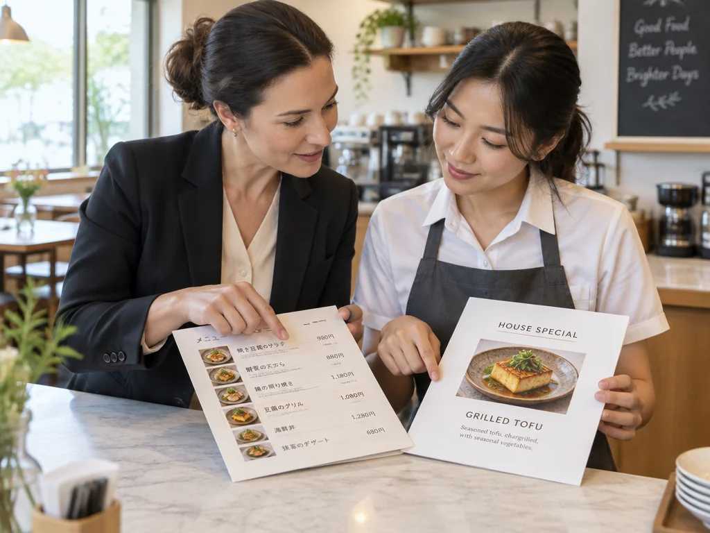 Gastgewerbe-Team prüft die englische Übersetzung eines mehrsprachigen Restaurantmenüs.