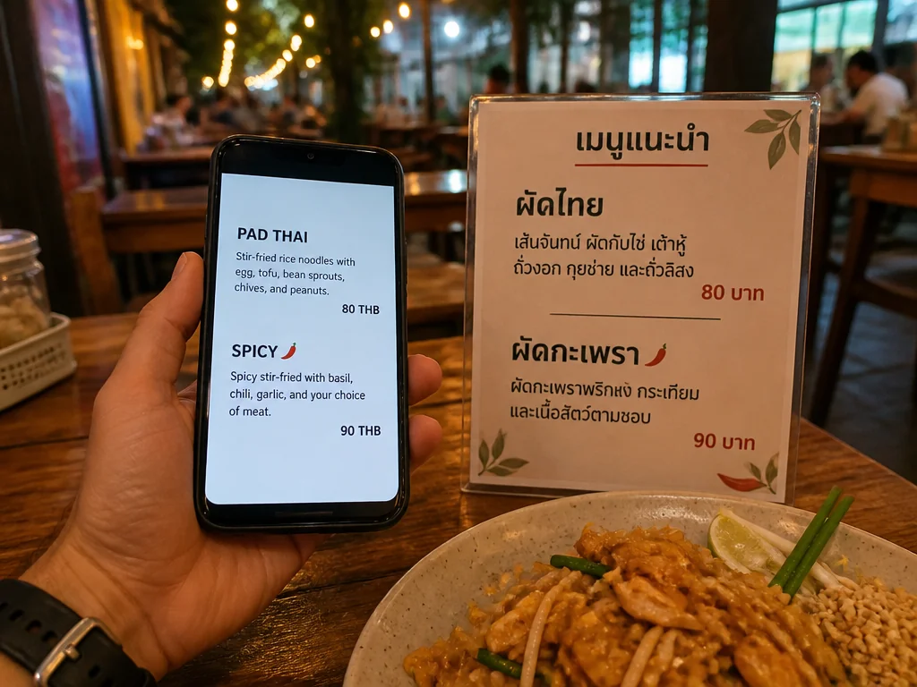Reisender nutzt auf dem Smartphone einen Menü-Übersetzer, um eine ausländische Restaurantkarte zu lesen.