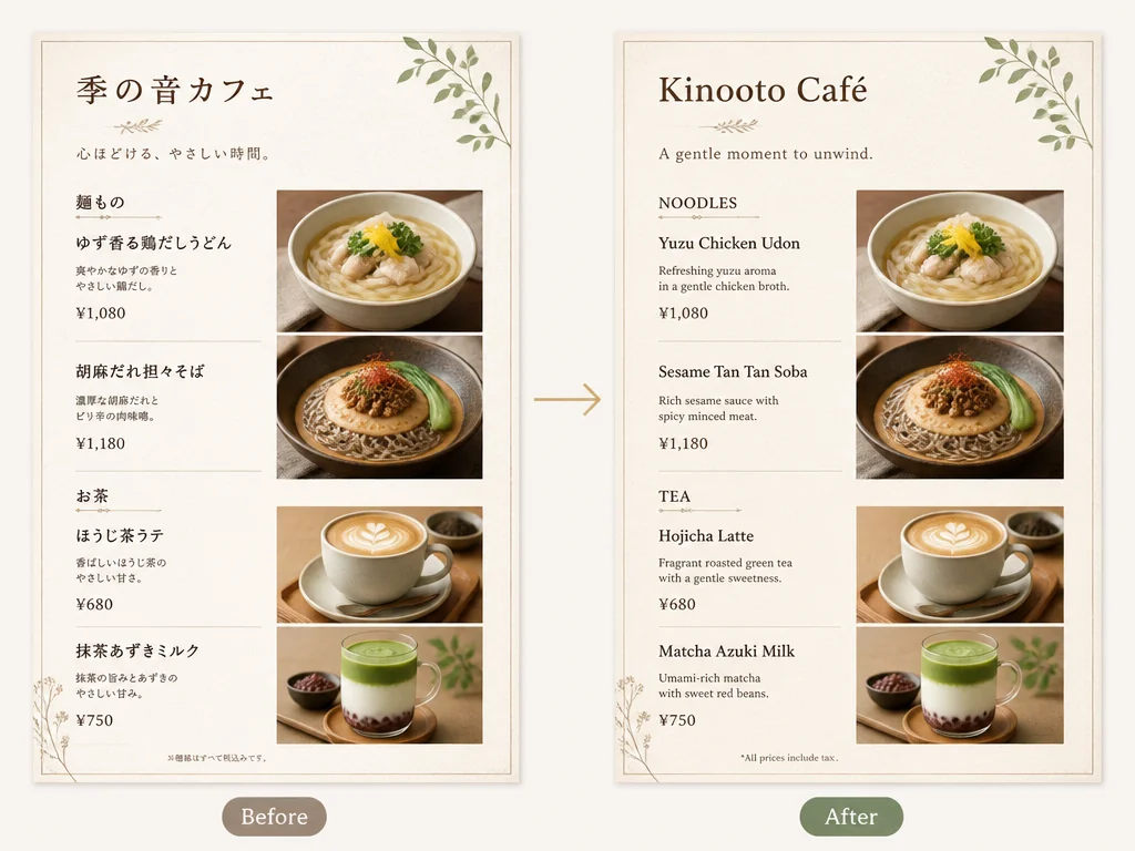 Menü-Übersetzer-Funktion mit derselben Restaurantkarte im japanischen Original und in englischer Übersetzung.