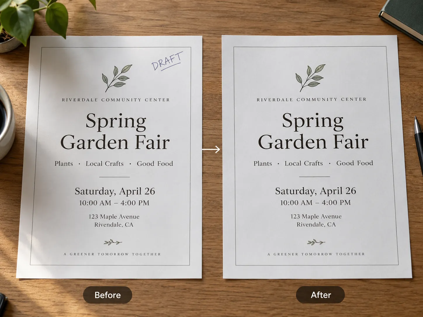 Before and after printed announcement with a handwritten draft note removed