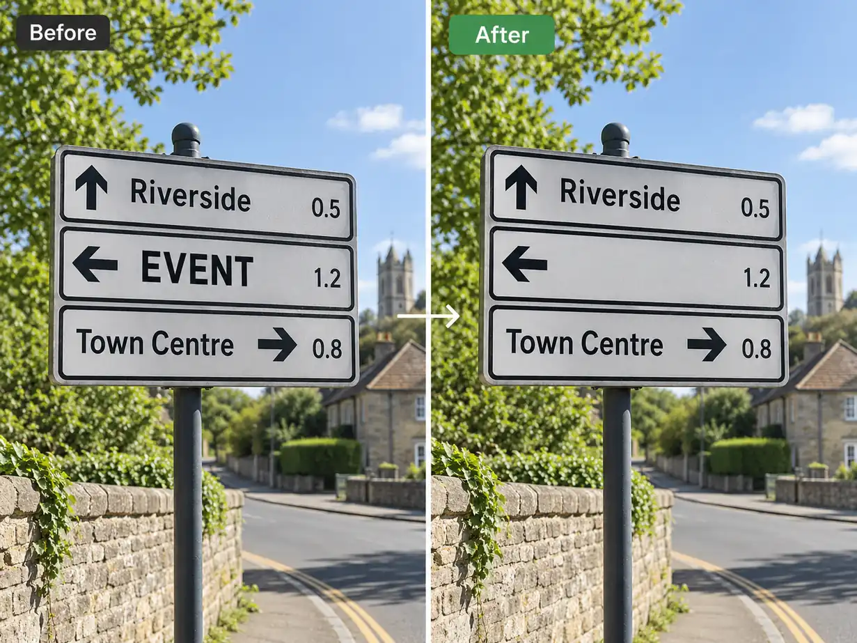 Before and after street sign with a temporary event word removed