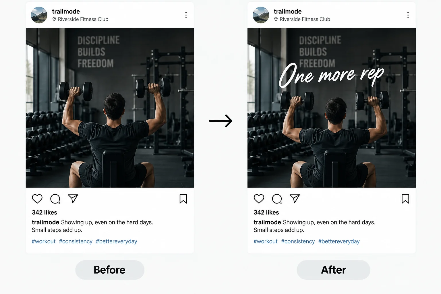 Screenshot editor adding a One more rep caption to a gym workout photo.