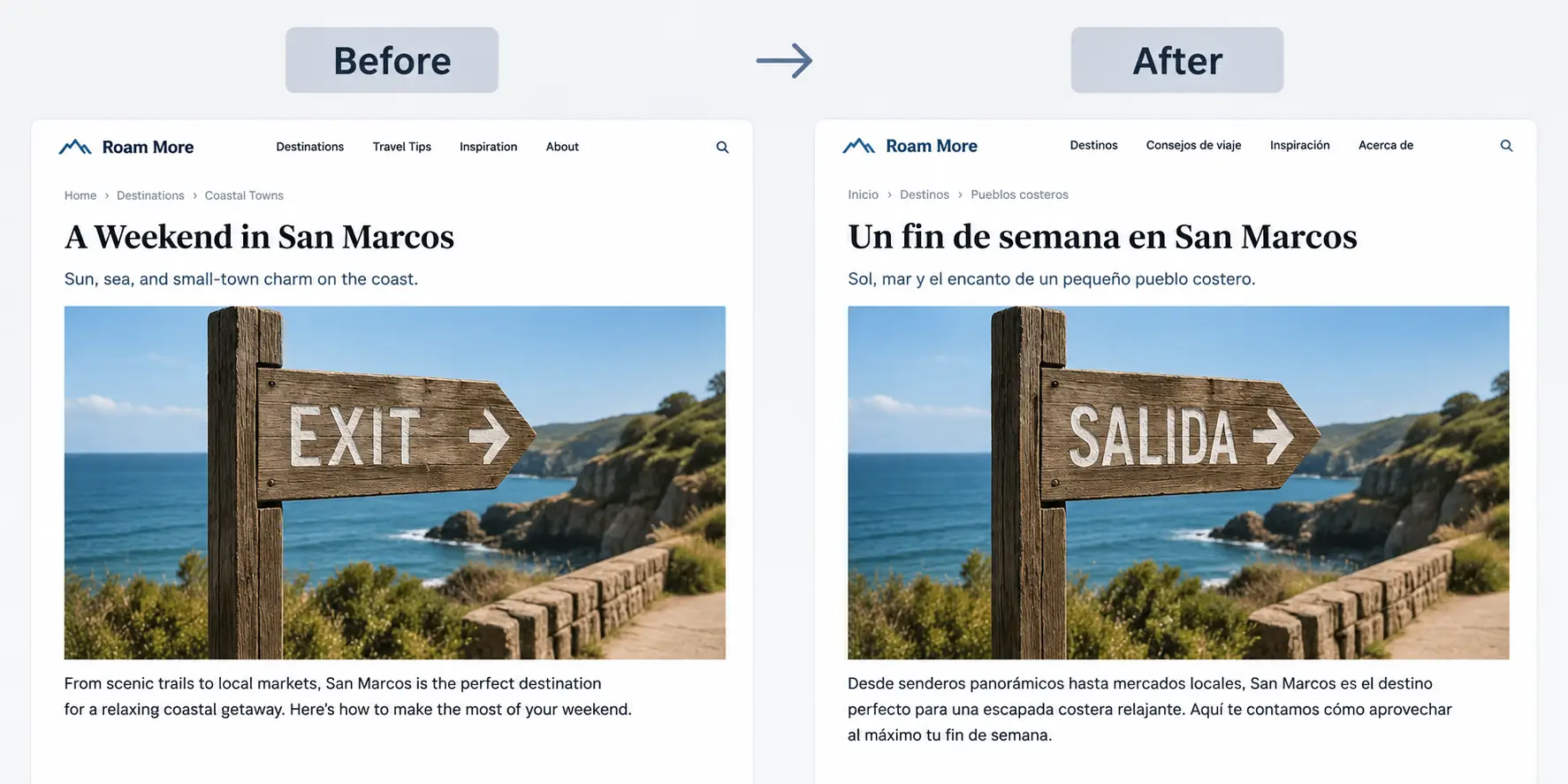 Screenshot editor translating a directional sign from Exit to Salida.