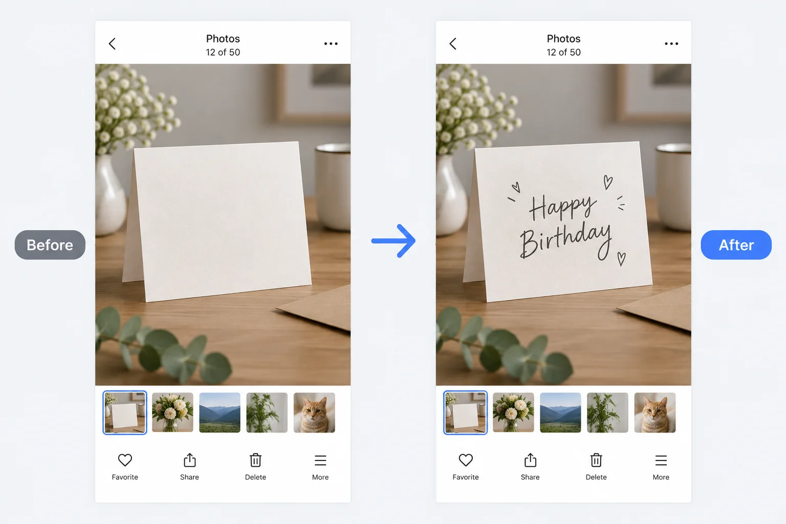 Screenshot editor adding Happy Birthday text to a plain greeting card.