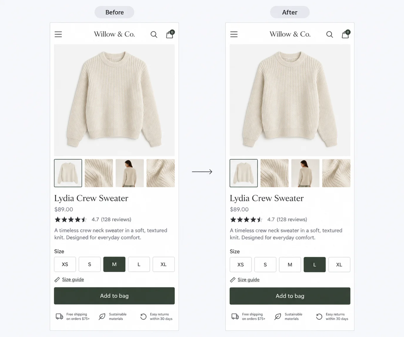 Screenshot text editor changing the size letter on a clothing hang tag from M to L.
